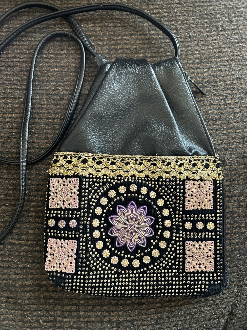 Black Vintage faux leather Embellished Pouch bag with Purple Floral accents. - Picture 2 of 11